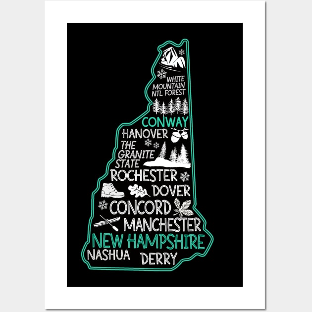 New Hampshire Conway cute map Hanover Rochester Dover The Granite State Wall Art by BoogieCreates